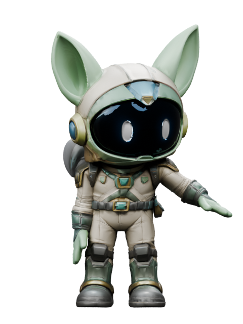 Noma holding out a hand, wearing an ivory and gold explorer suit
