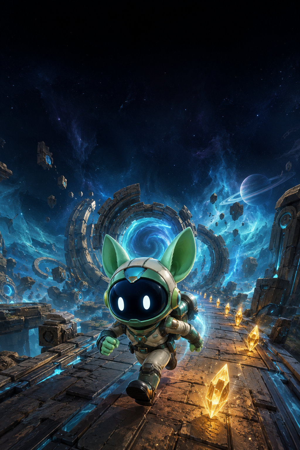 Noma, a small green explorer in a spacesuit, racing along ancient ruins beneath a glowing blue portal